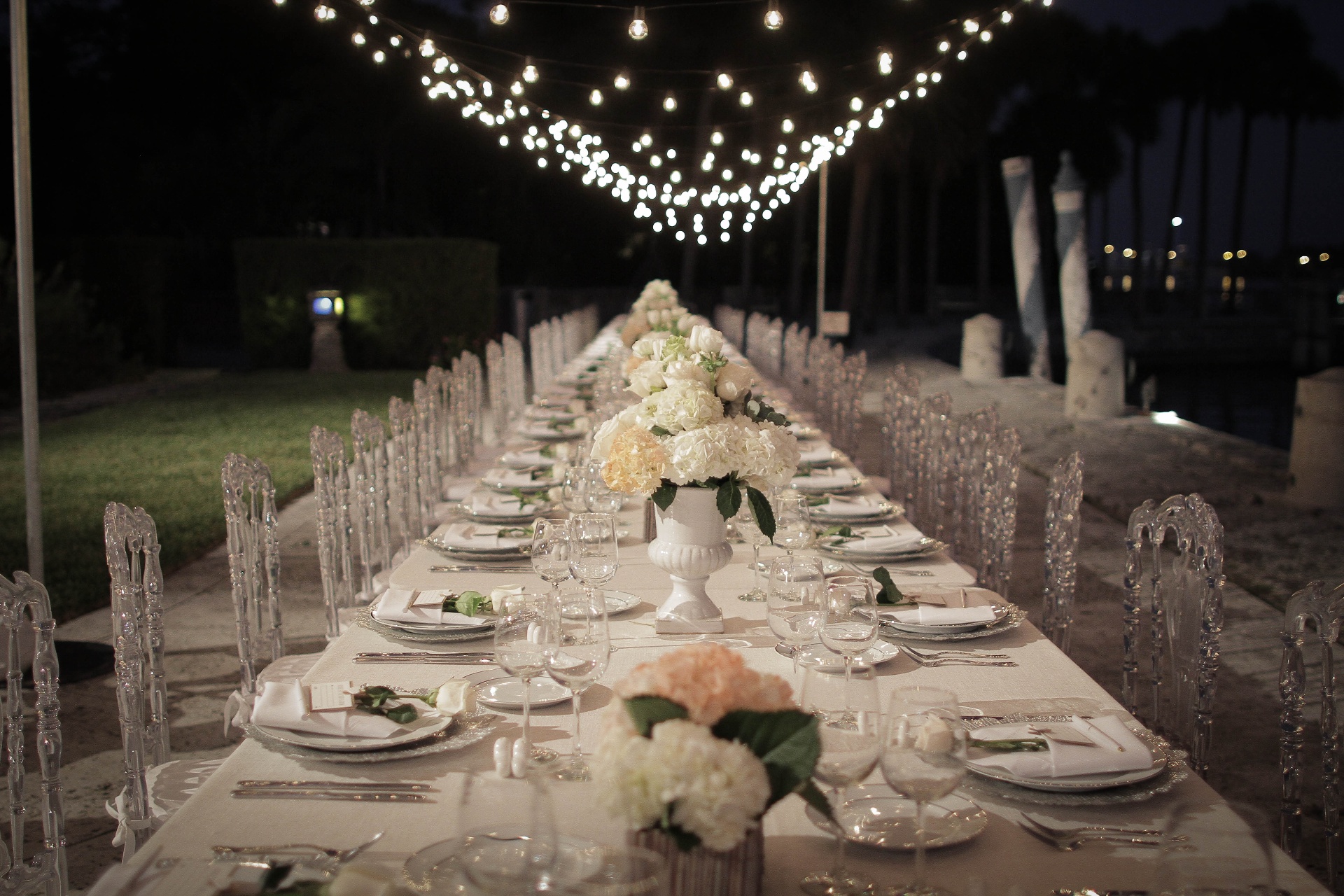 Evening reception under string lights at a South Florida venue