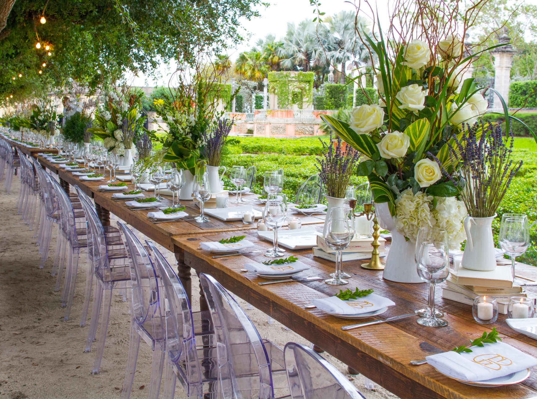 Garden tablescape at a Miami event catered by MG Culinary Concepts