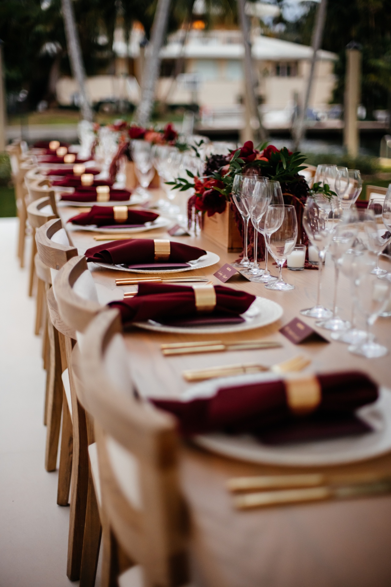 Long table set for a luxury celebration catered by MG Culinary Concepts