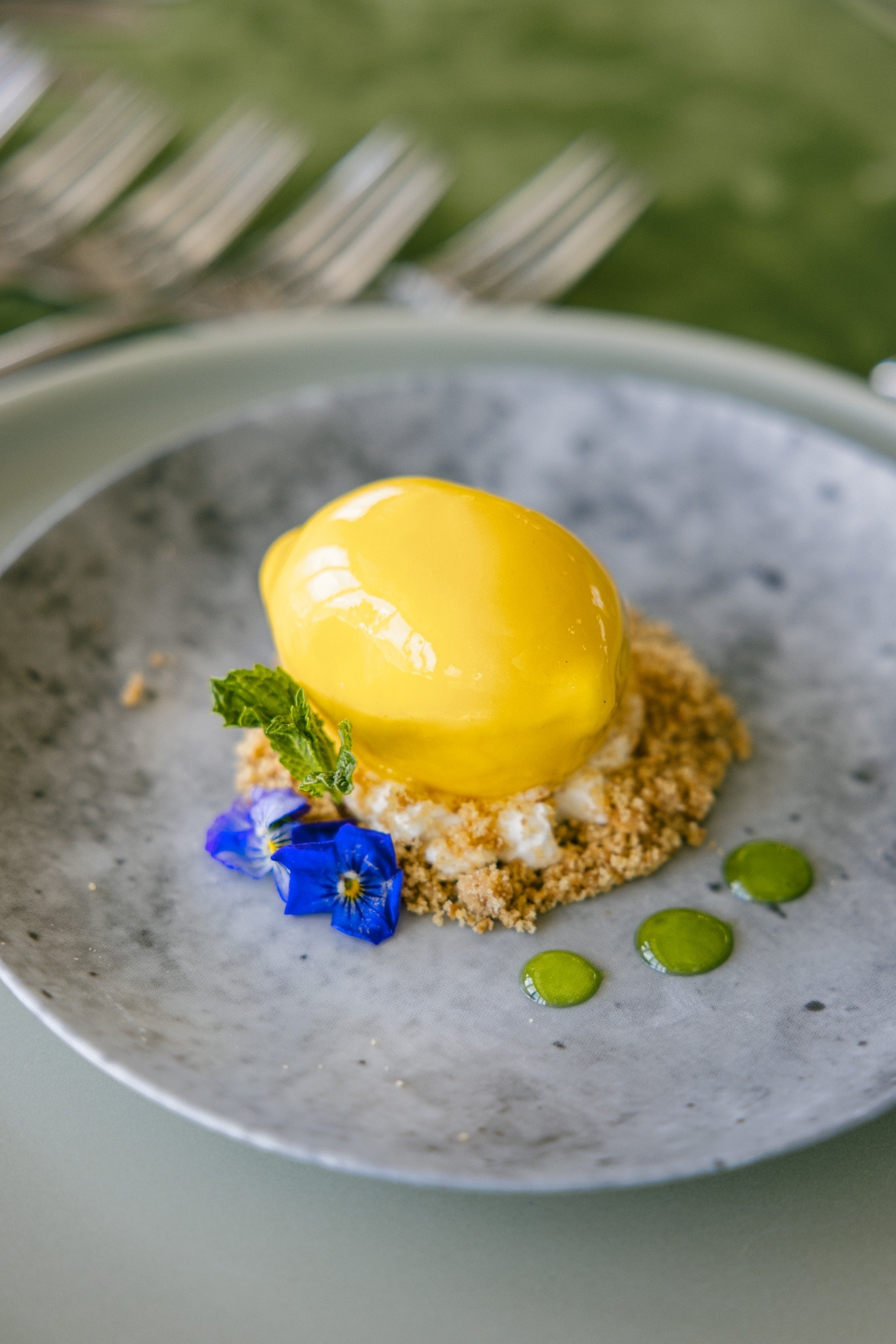 Elegant mango dessert with edible flowers and mint on stone plate